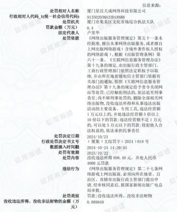 厦门星汉天成网络科技有限公司被罚4000元：违反《网络出版服务管理规定》